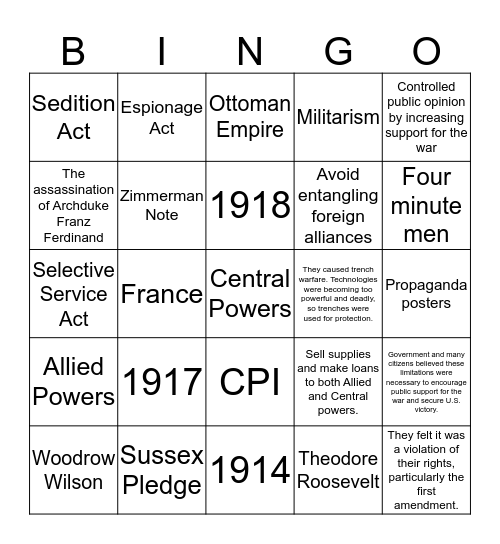 WWI Review Bingo Card