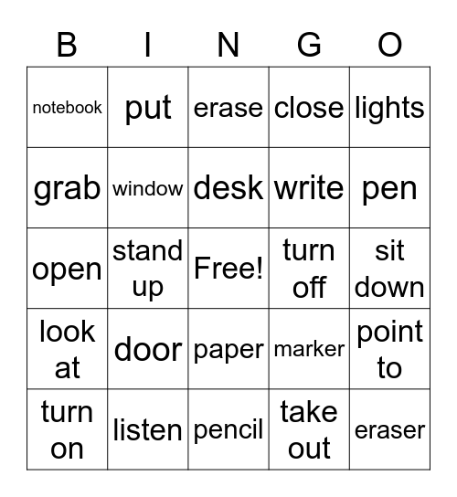 6th grade commands/classroom objects Bingo Card