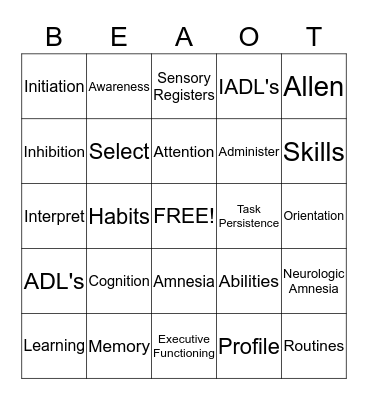 OT and Cognition Bingo Card