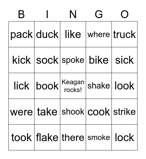 Sort 12   Final /k/ sound Bingo Card