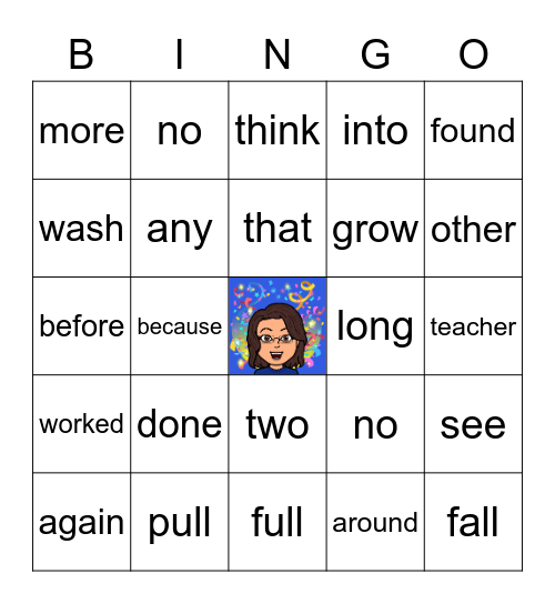 Sight Word Bingo Card