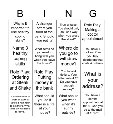 Independent Living Skills Bingo Card