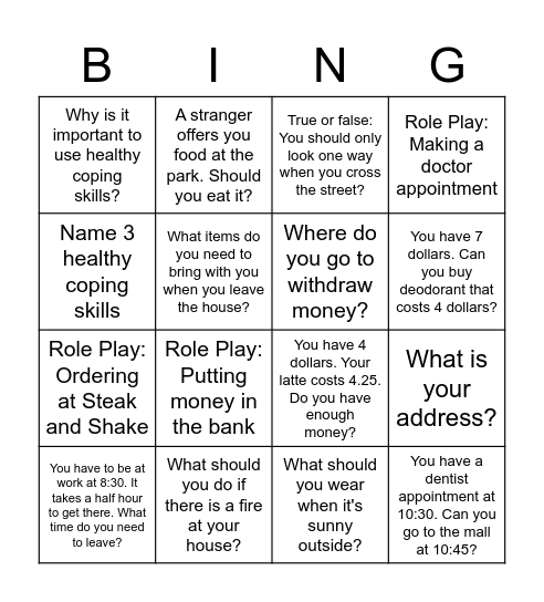 Independent Living Skills Bingo Card
