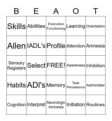 OT and Cognition Bingo Card