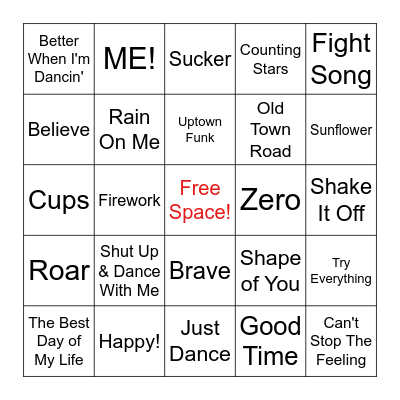 Pop Music Bingo Card