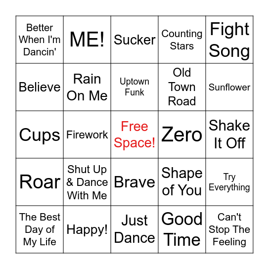 Pop Music Bingo Card