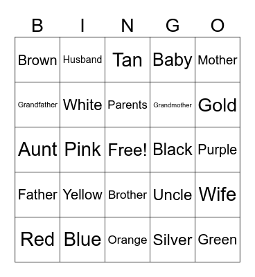Colors/Family Bingo Card