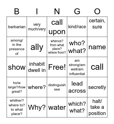 Latin Lesson 25 & 26 Bingo Card