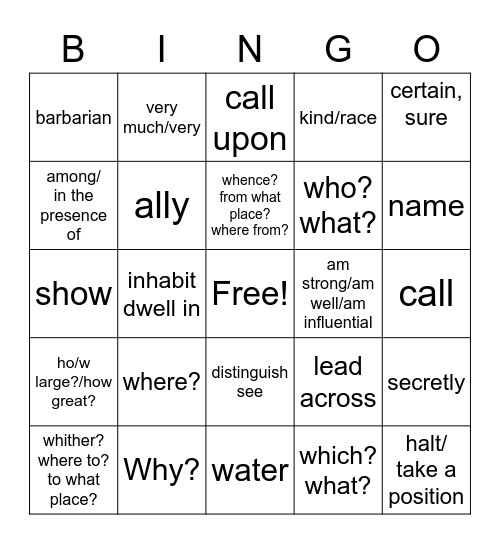 Latin Lesson 25 & 26 Bingo Card