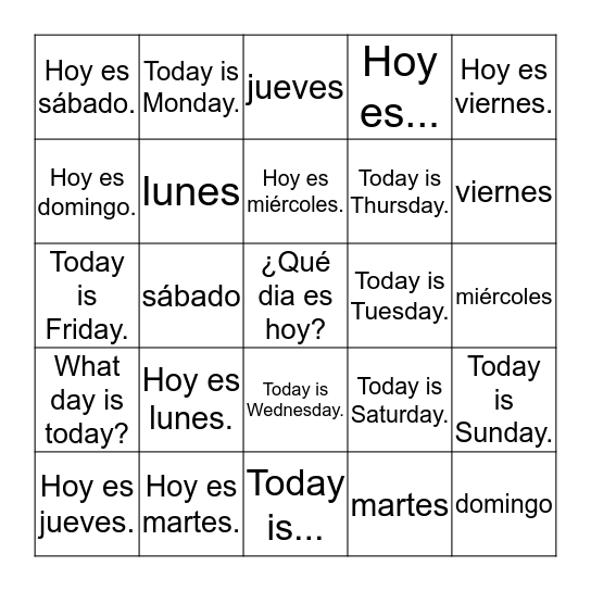 ¿Qué dia es hoy? Bingo Card