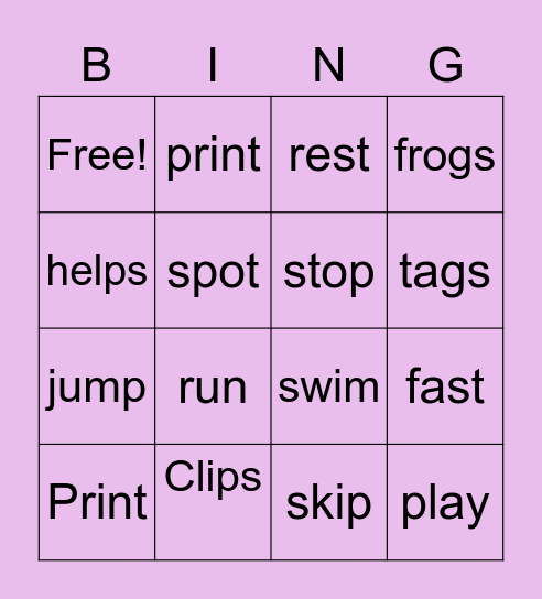 Sight Word Bingo Card