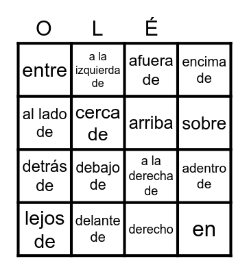 Las Preposiciones Bingo Card