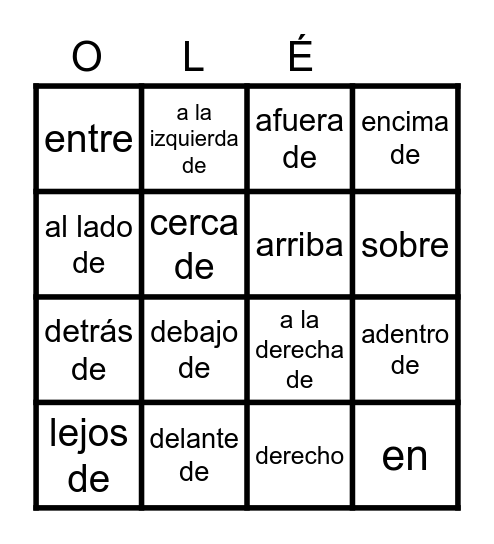 Las Preposiciones Bingo Card