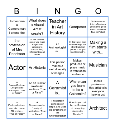 Creative Careers Bingo Card