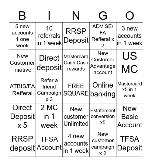 Bankers Bingo- Service Challange Bingo Card