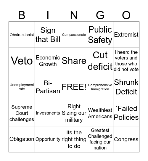 State of the Union Buzz Word Bingo Card