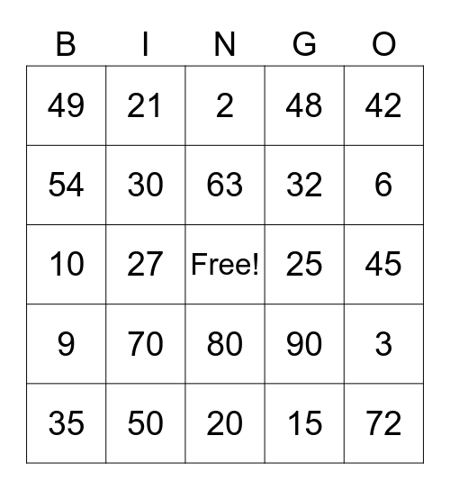 Multiplication Bingo Card