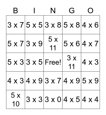 Multiplication Bingo  3, 4, 5 facts Bingo Card