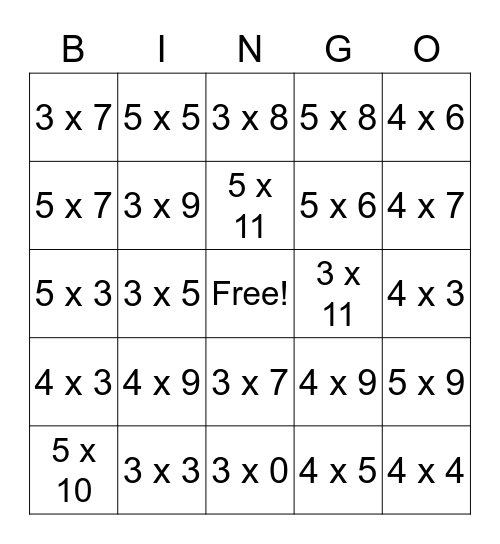 Multiplication Bingo  3, 4, 5 facts Bingo Card