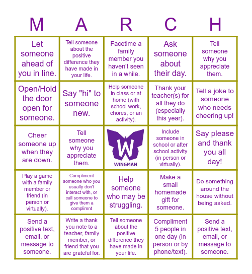March Kindness Bingo Card