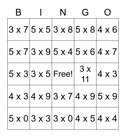 Multiplication Bingo  3, 4, 5 facts Bingo Card