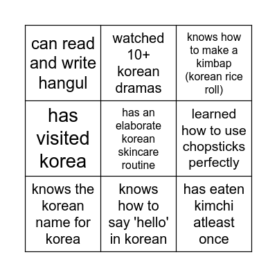 Korean Culture Bingo Card