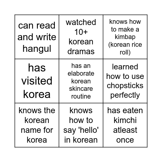 Korean Culture Bingo Card