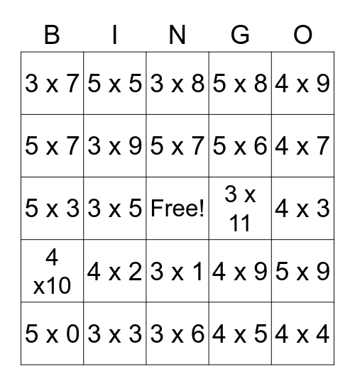 Multiplication Bingo  3, 4, 5 facts Bingo Card