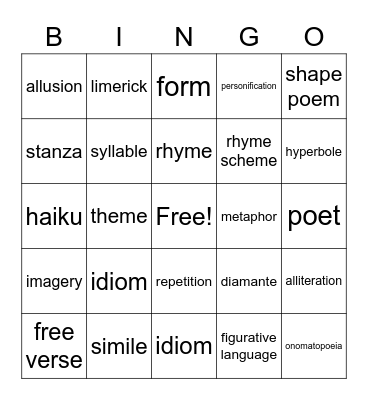 Poetry Bingo Card