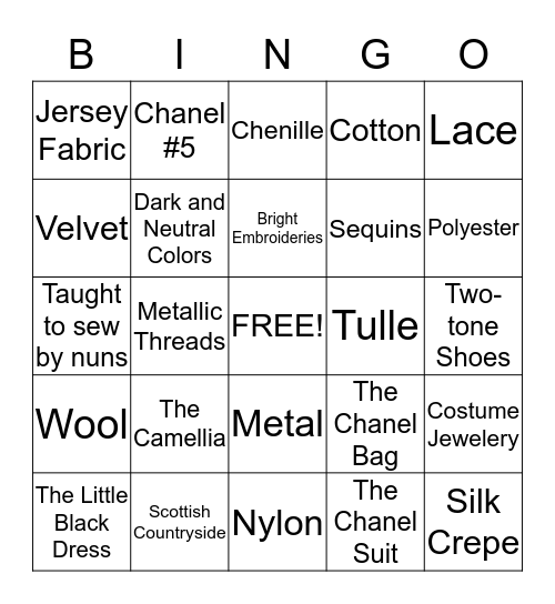 Coco Chanel Bingo Card