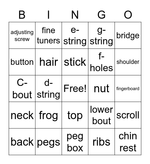 Parts of the Violin and Bow Bingo Card