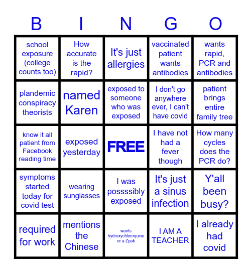 You work in Urgent Care if your patient says... Bingo Card