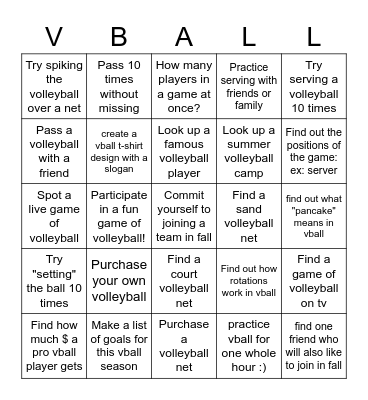 Volleyball Summer Scavenger Hunt Bingo Card