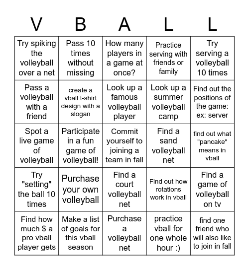 Volleyball Summer Scavenger Hunt Bingo Card
