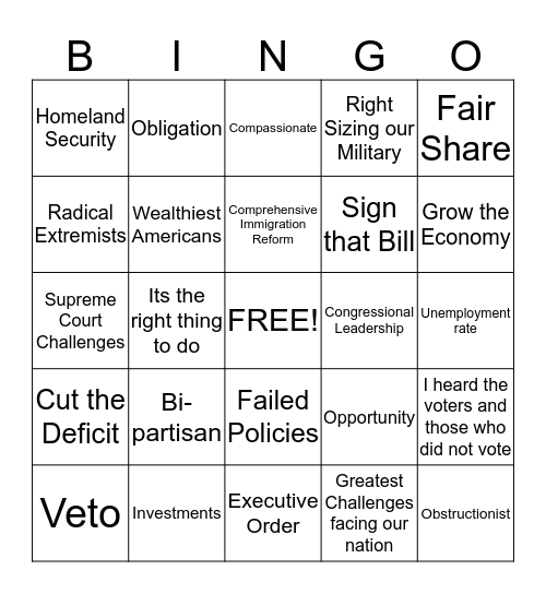 State of the Union Buzz Word Bingo Card