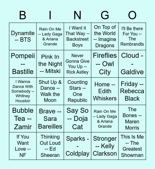 Music Bingo Card