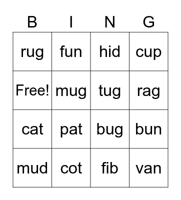 Short Vowels a,o,i,u Bingo Card