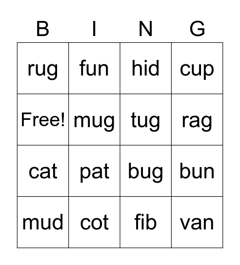 Short Vowels a,o,i,u Bingo Card