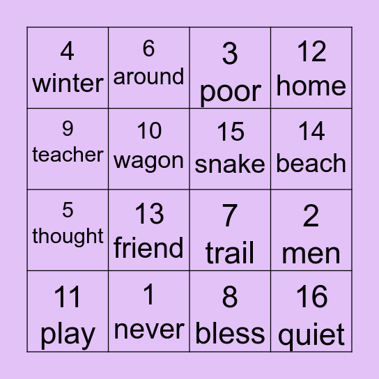 Word Bingo Card