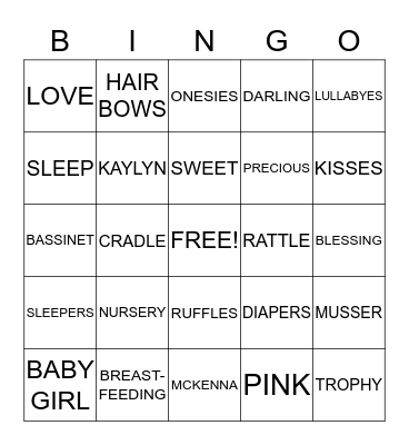 Kaylyn's Baby Shower Bingo Card