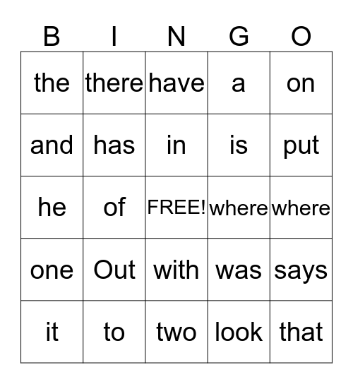 Sight Word Bingo Card
