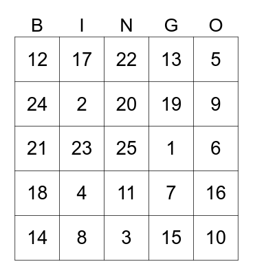 NUMBER BINGO Card