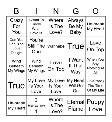 Love Song Bingo Card