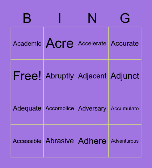 Vocabulary Bingo Card