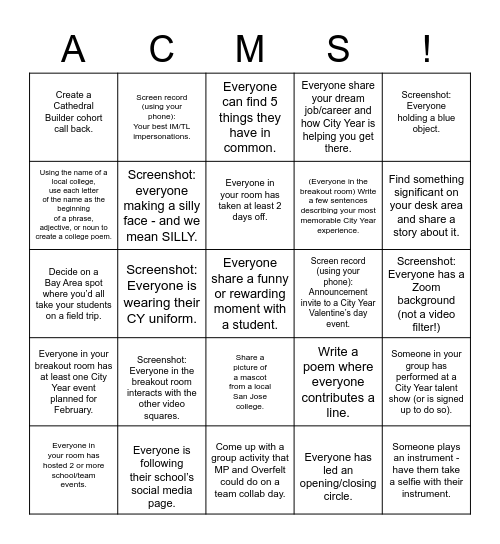 Cathedral Builders Activity Bingo Card