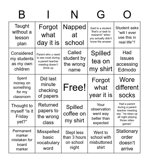 Never have I ever Teachers version Bingo Card