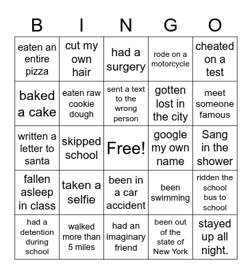 Never have I ever Bingo Card