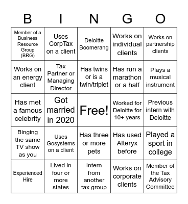 Spring 2021 Intern BINGO Card Bingo Card