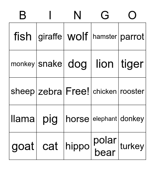 MB Animal Bingo Card