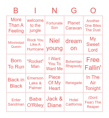 Classic Rock Bingo Card